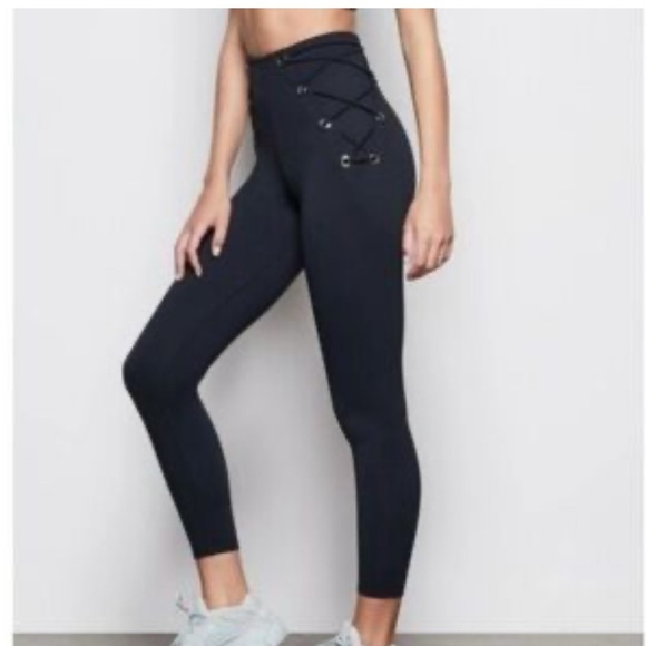 Good American High Rise Lace Up Black Leggings Size 3 10 Stretch Fitted - Picture 2 of 9